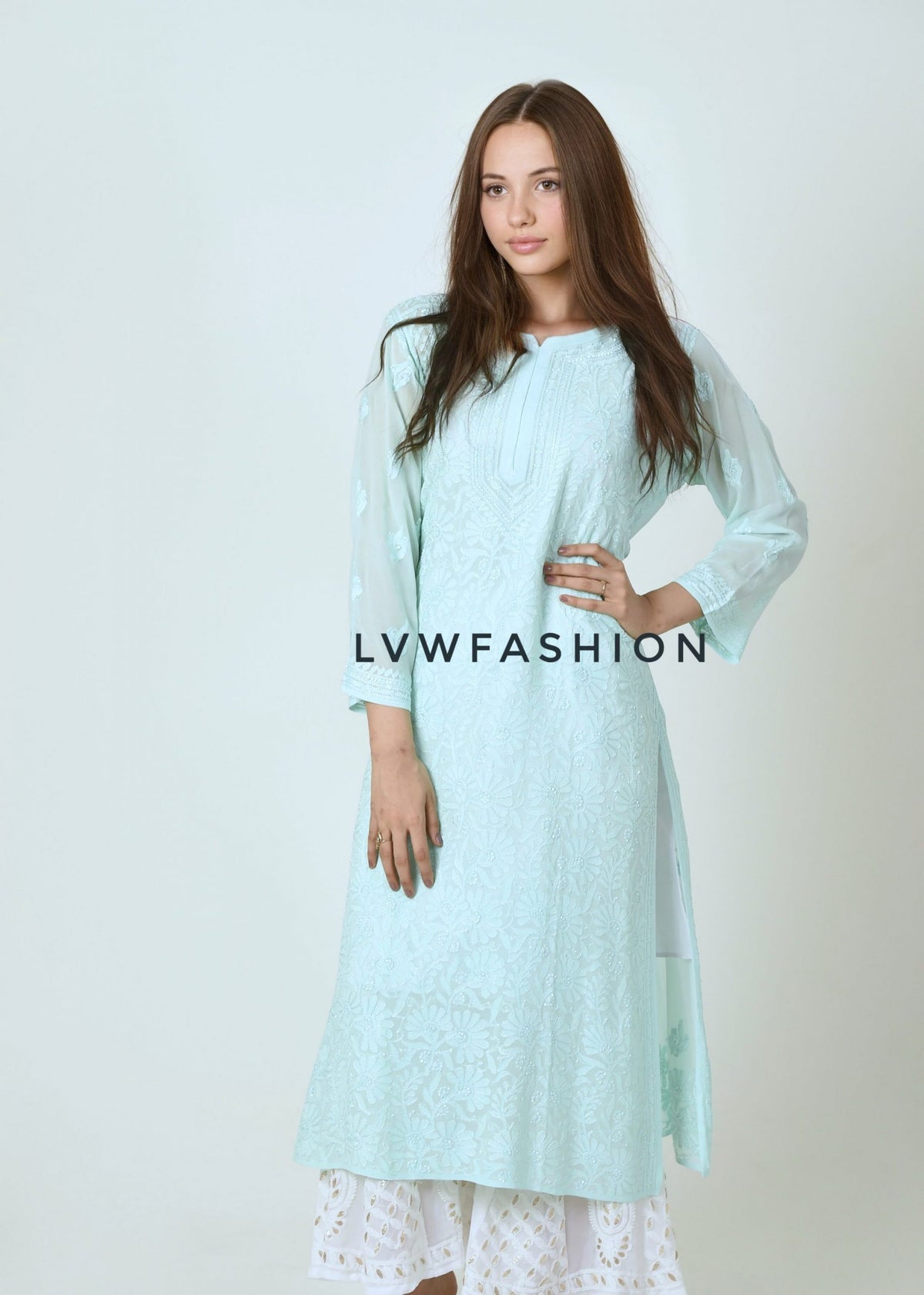 Elegant LVW Fashion Luxurious Chikankari georgette kurta with inner, featuring a beautiful shade and intricate embroidery.