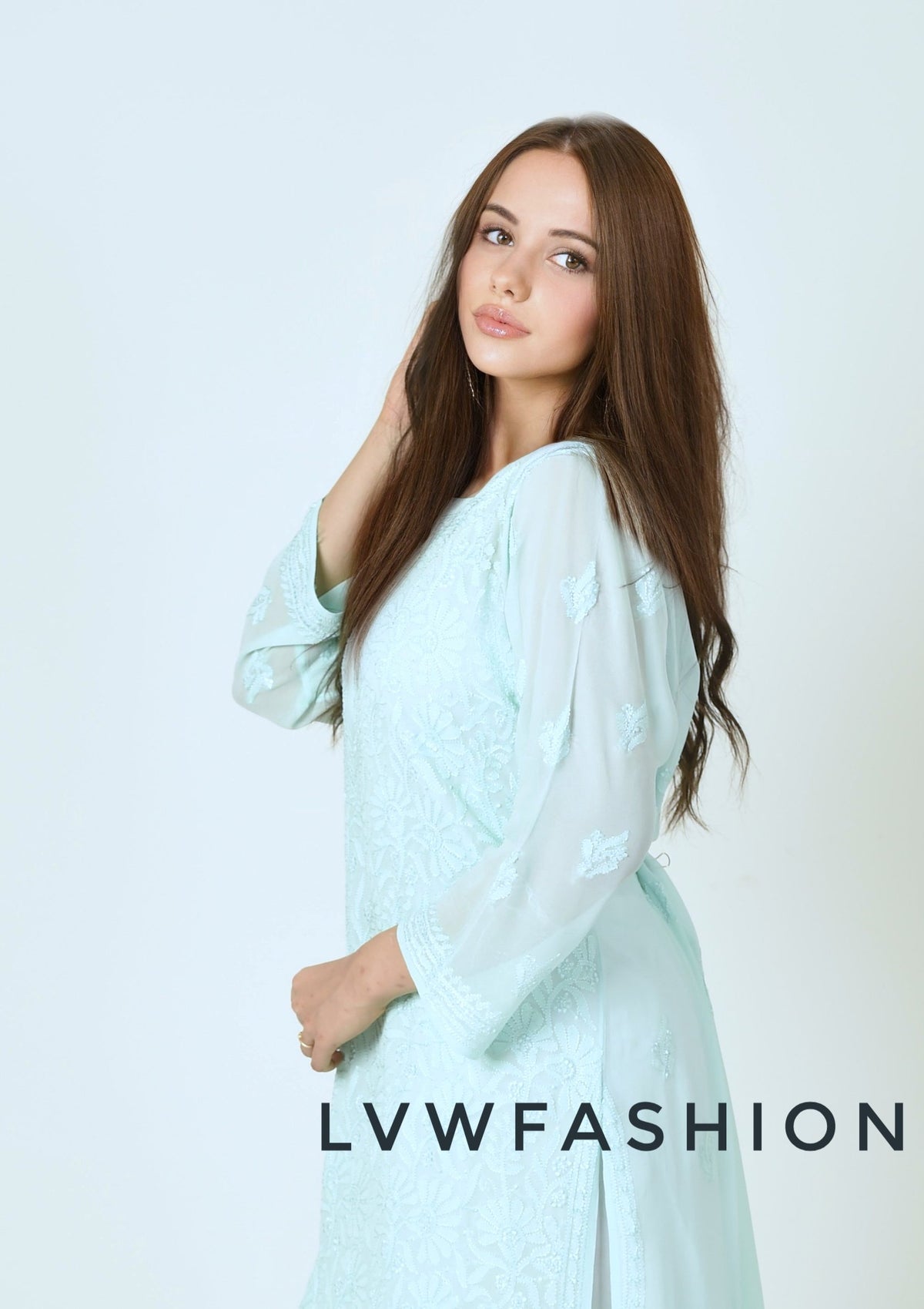Beautiful shade pre-premium georgette kurta with inner, luxurious Chikankari embroidery by LVW Fashion.