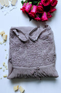 Grey Cheese Tulip tunic from LVW Fashion with luxurious georgette fabric and intricate chikankari embroidery.