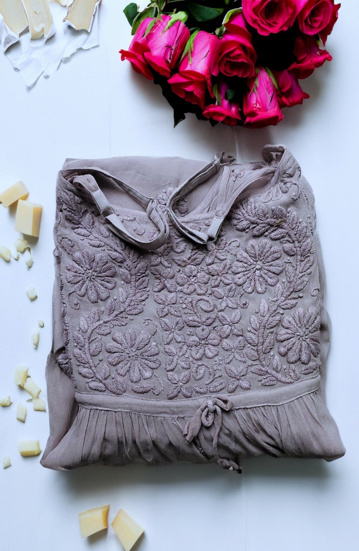 Grey Cheese Tulip tunic from LVW Fashion with luxurious georgette fabric and intricate chikankari embroidery.