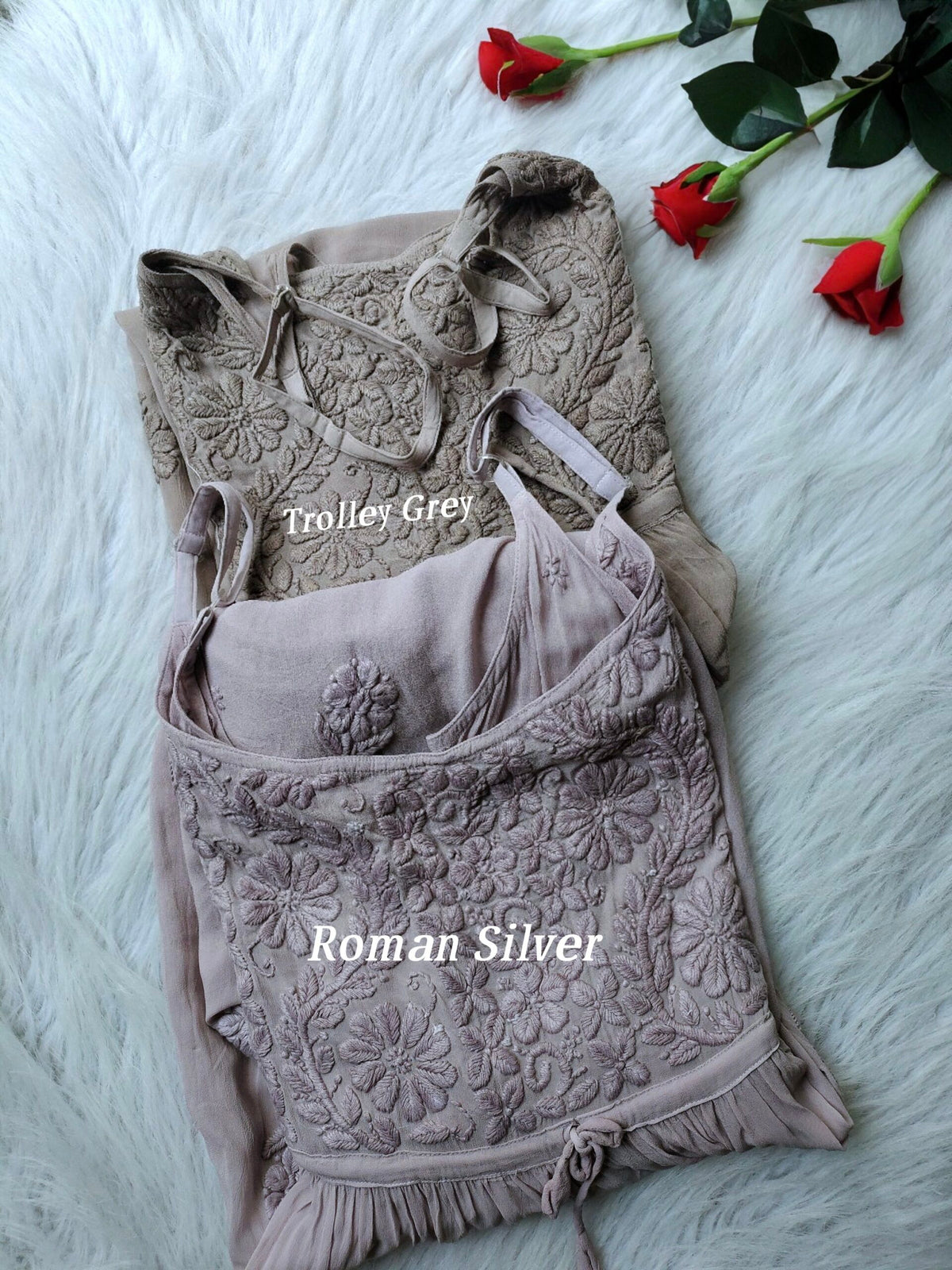 Grey Cheese Tulip premium Georgette tunic by LVW Fashion Luxurious Chikankari with matching gharara and dupatta.