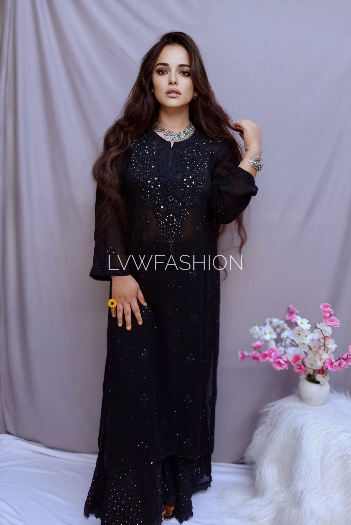 Black Beauty Premium Georgette 3-piece set by LVW Fashion, featuring elegant Chikankari embroidery and luxurious fabric design.