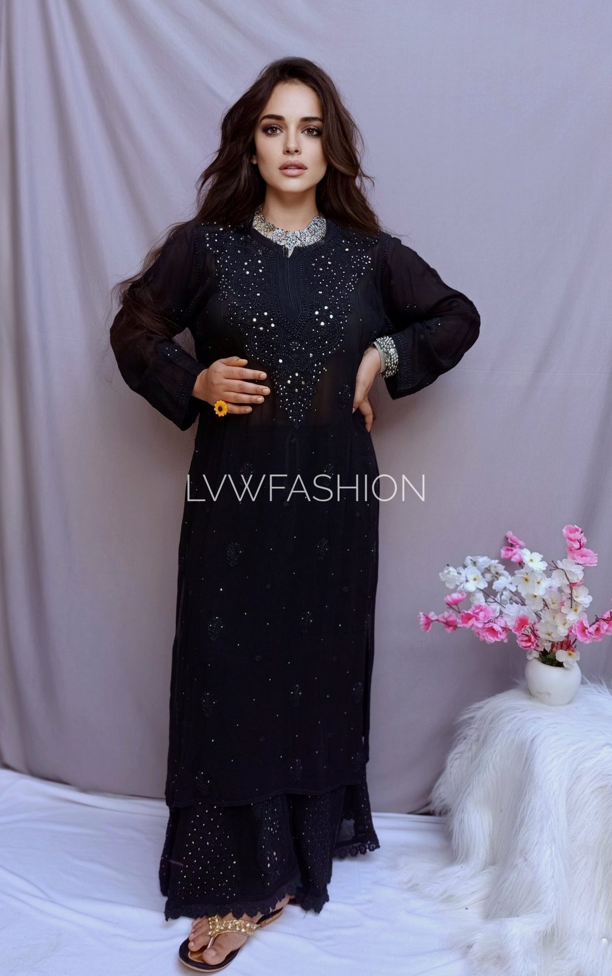 Black Beauty Premium Georgette 3-piece set by LVW Fashion, featuring elegant Chikankari embroidery and luxurious fabric.