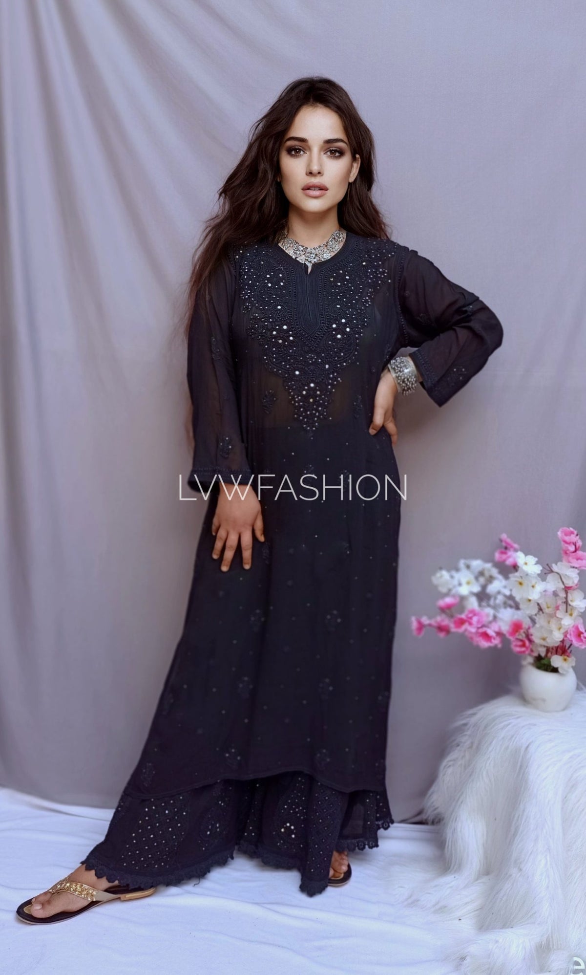 Black Beauty Premium Georgette 3-piece set by LVW Fashion featuring elegant chikan embroidery and luxurious fabric.
