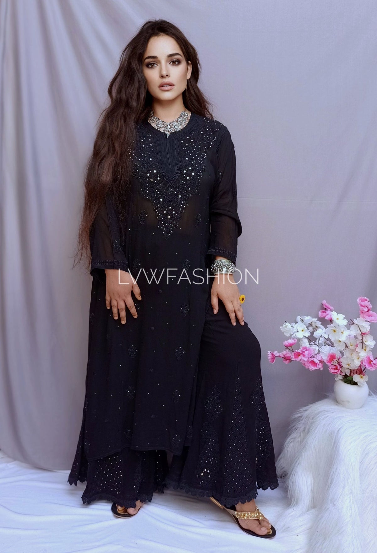 Black Beauty Premium Georgette 3-piece set by LVW Fashion featuring elegant chikankari embroidery and luxurious fabric.