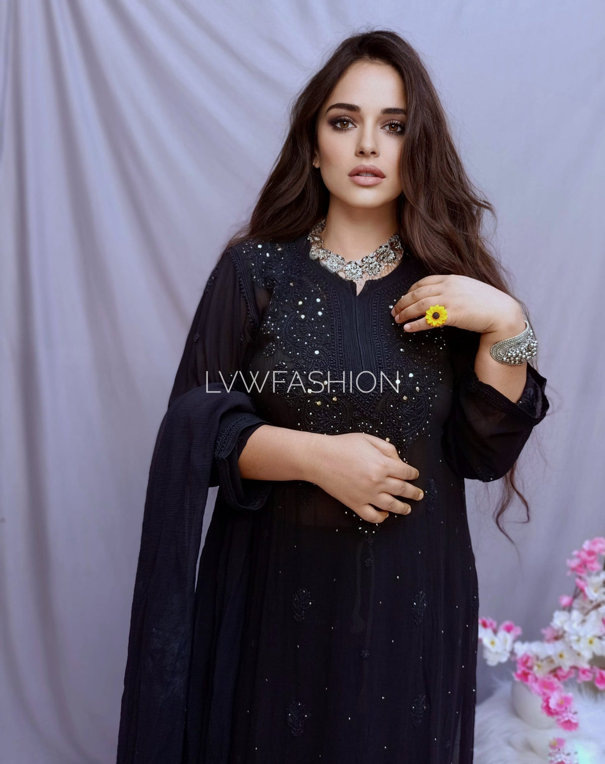Black Beauty Premium Georgette 3-piece set by LVW Fashion featuring luxurious chikankari embroidery and elegant design.
