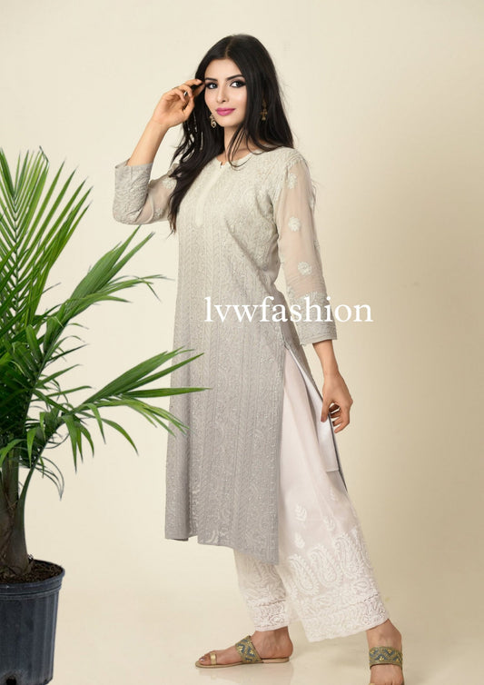 Gray and white premium georgette kurta with intricate chikankari embroidery and matching plazzos by LVW Fashion.