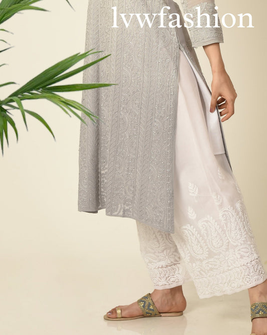 Gray and white premium Georgette kurta with intricate Chikankari embroidery and matching plazzos by LVW Fashion.