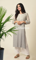 Gray and white premium Georgette Kurta and Plazzos by LVW Fashion Luxurious Chikankari, elegant traditional Indian attire.