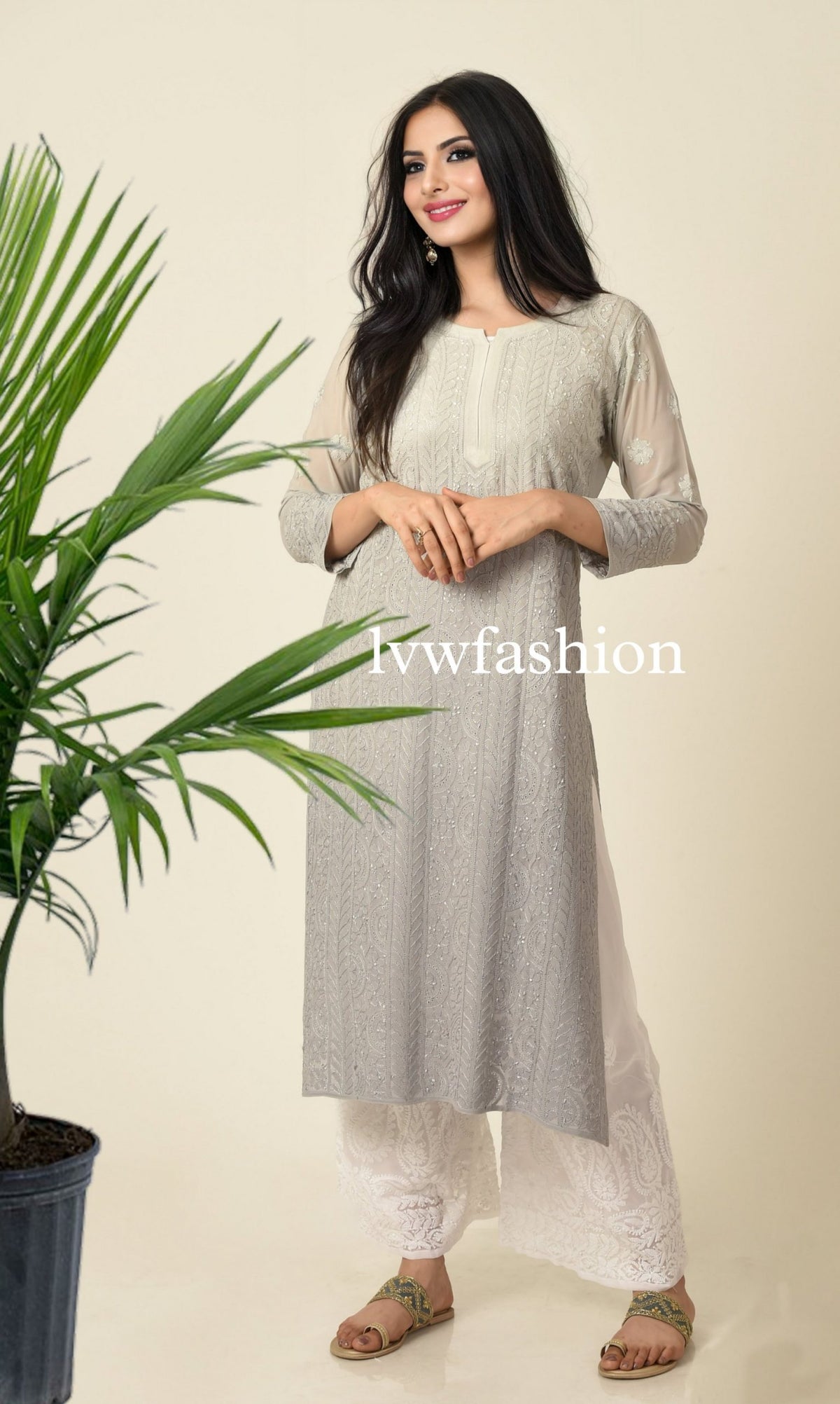 Gray and white premium Georgette Kurta and Plazzos by LVW Fashion Luxurious Chikankari, elegant traditional Indian attire.