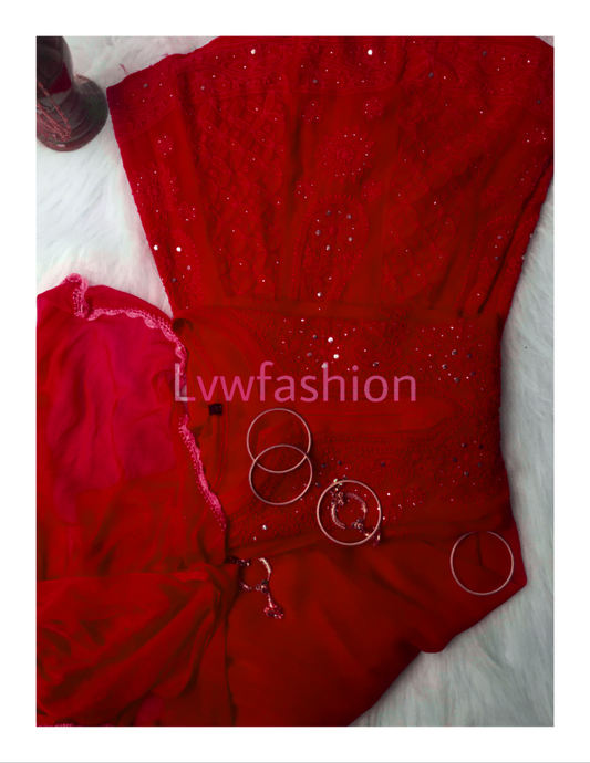 Beautiful maroon premium georgette 3-piece set with intricate chikankari embroidery by LVW Fashion, showcasing elegant traditional design.
