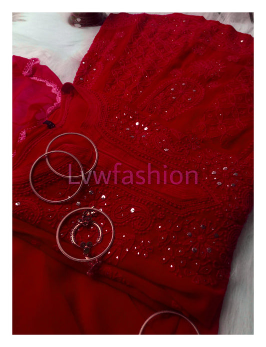 Beautiful maroon premium georgette 3-piece set with intricate chikankari embroidery by LVW Fashion Luxurious Chikankari