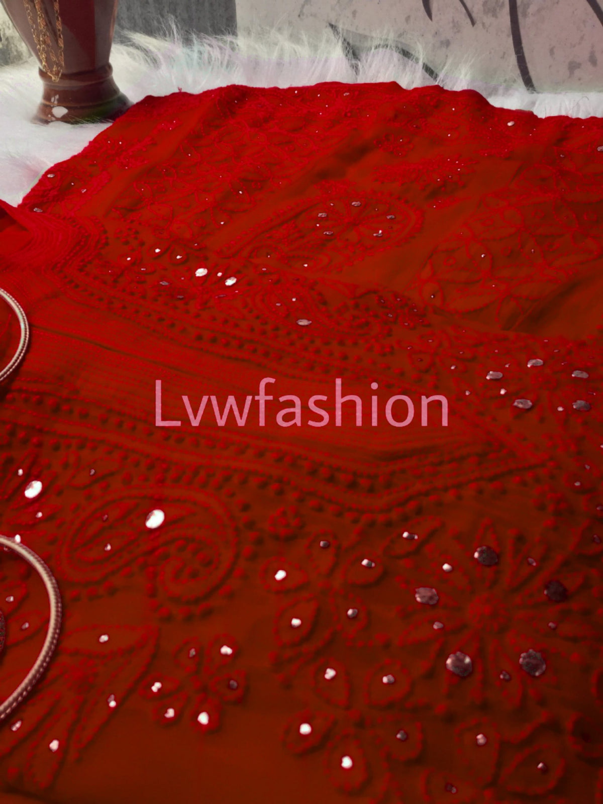 Beautiful maroon premium georgette 3-piece set with intricate Chikankari embroidery by LVW Fashion, featuring elegant traditional design.