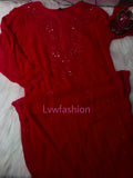 Beautiful maroon premium georgette 3-piece set by LVW Fashion, featuring intricate chikankari embroidery and elegant design.