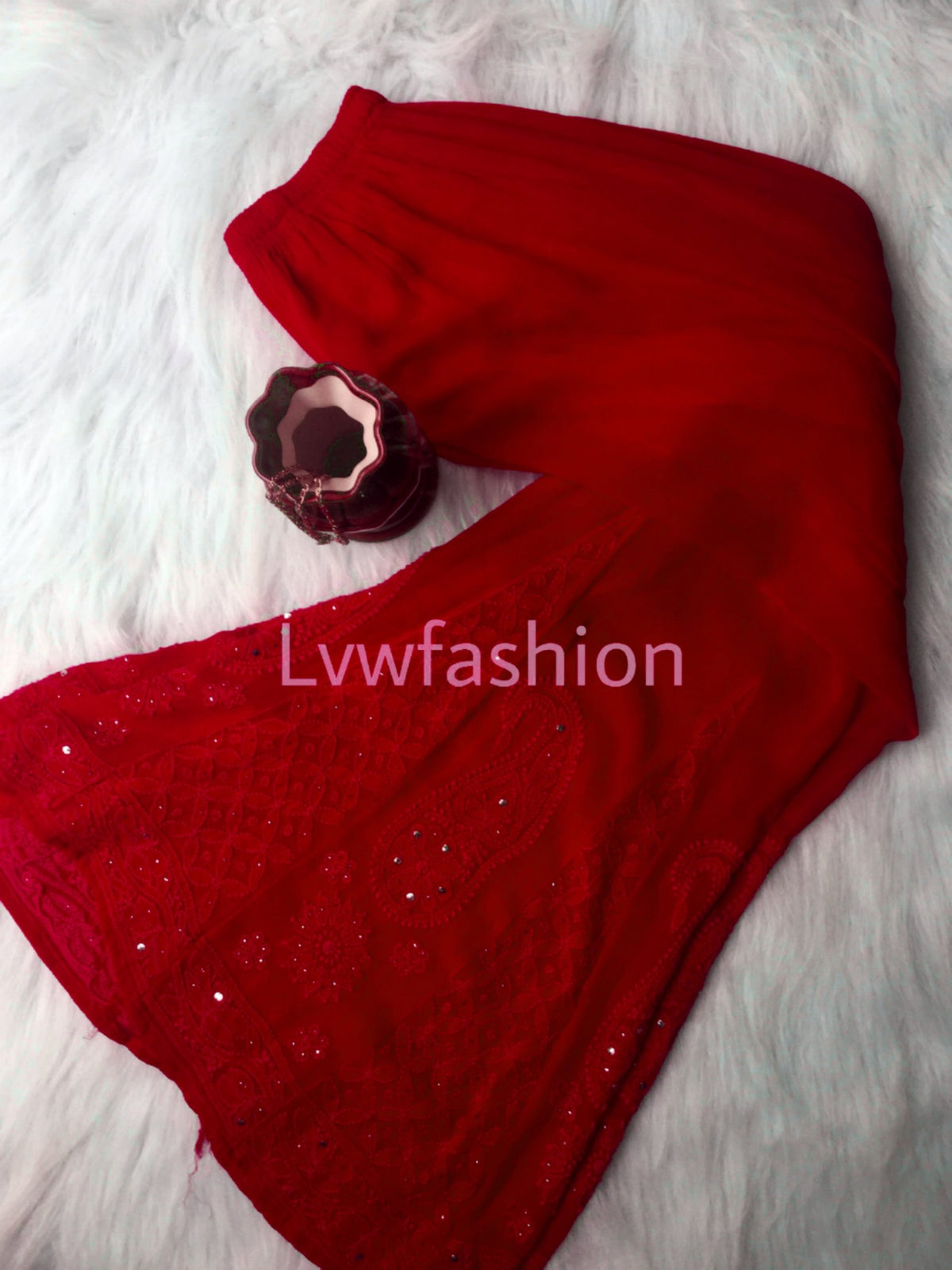 Beautiful maroon premium georgette 3-piece set with intricate chikankari embroidery from LVW Fashion Luxurious.