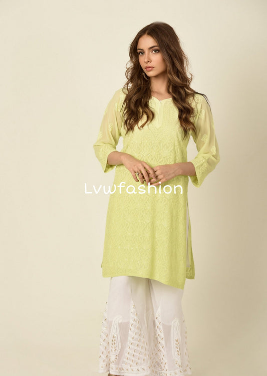 Beautiful green premium georgette kurta and sharara set with intricate chikankari embroidery by LVW Fashion.