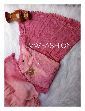 Luxurious LVW Fashion Chikankari 3-piece set with ombre dye and inner, showcasing intricate embroidery and elegant fabric details.