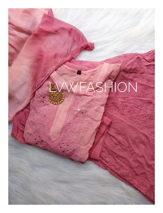 Luxurious LVW Fashion Chikankari 3-piece set featuring ombre dyeing and intricate embroidery with inner layer.