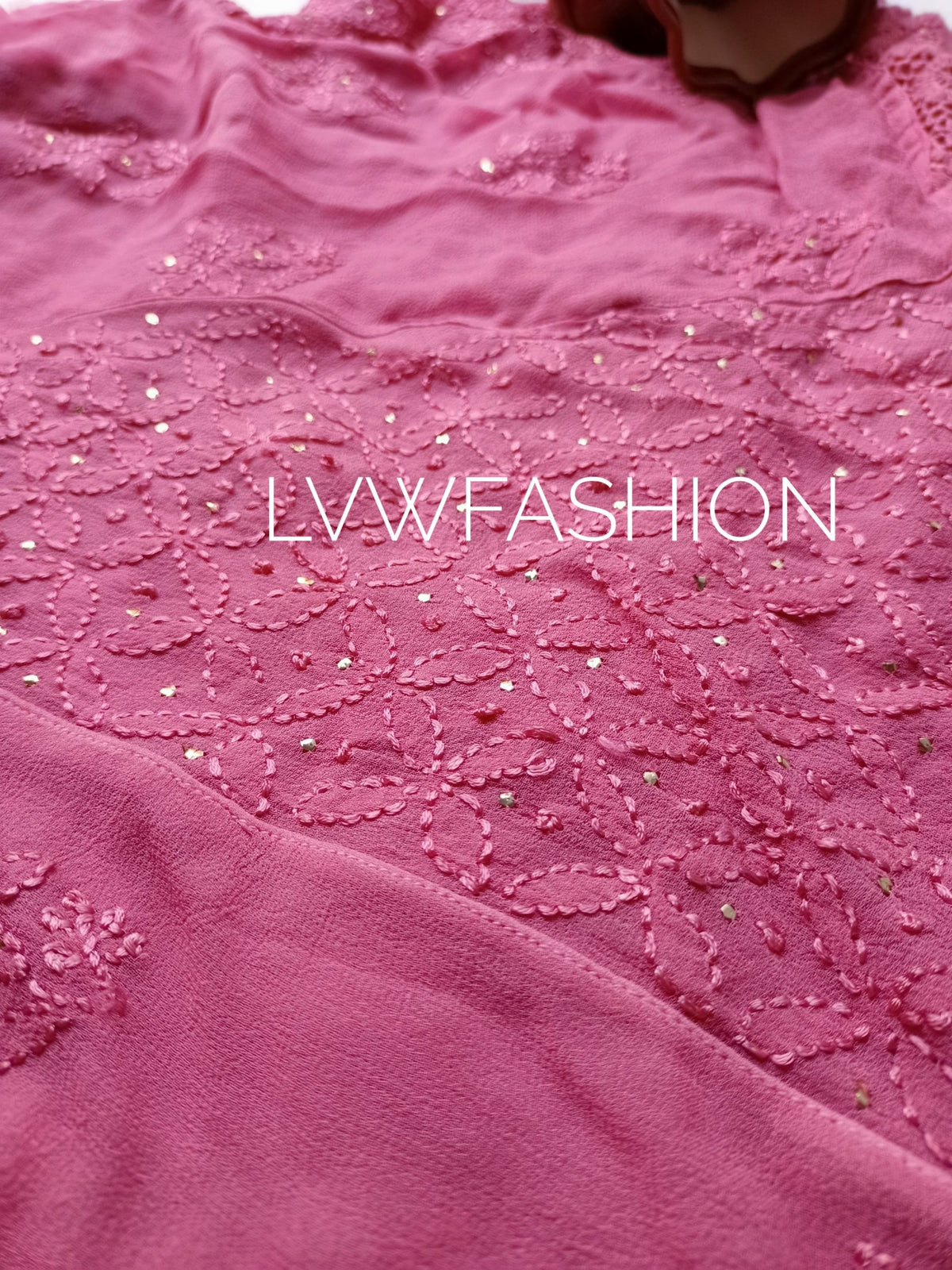Luxurious LVW Fashion Chikankari 3-piece ombre dyed set with inner, showcasing intricate hand embroidery and vibrant color blending.