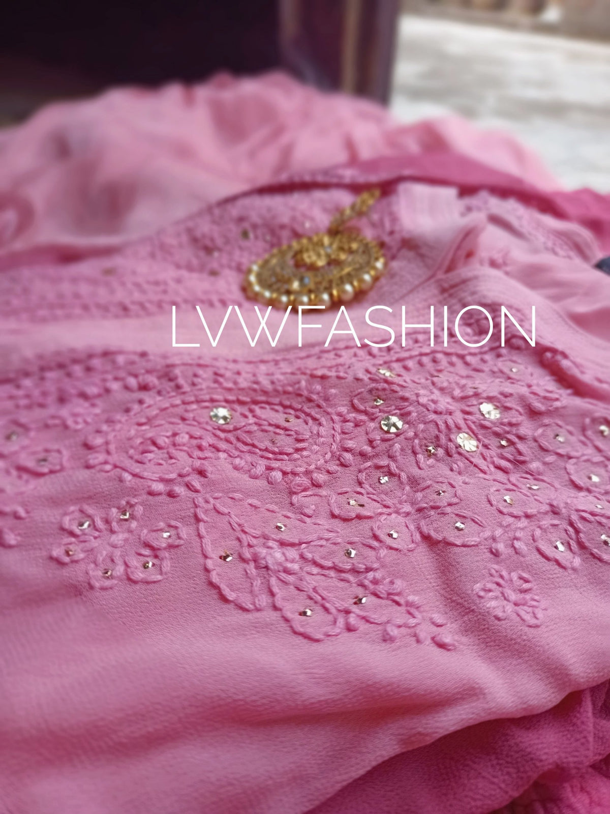 Luxurious LVW Fashion Chikankari 3-piece set with ombre dye, featuring intricate embroidery and matching inner for elegant traditional wear.