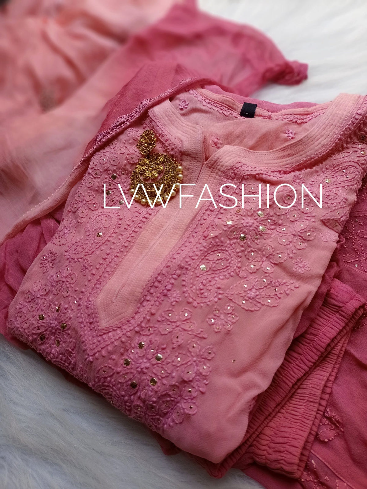 Luxurious LVW Fashion Chikankari 3-piece set with ombre dye, featuring intricate embroidery and inner for elegant traditional wear.