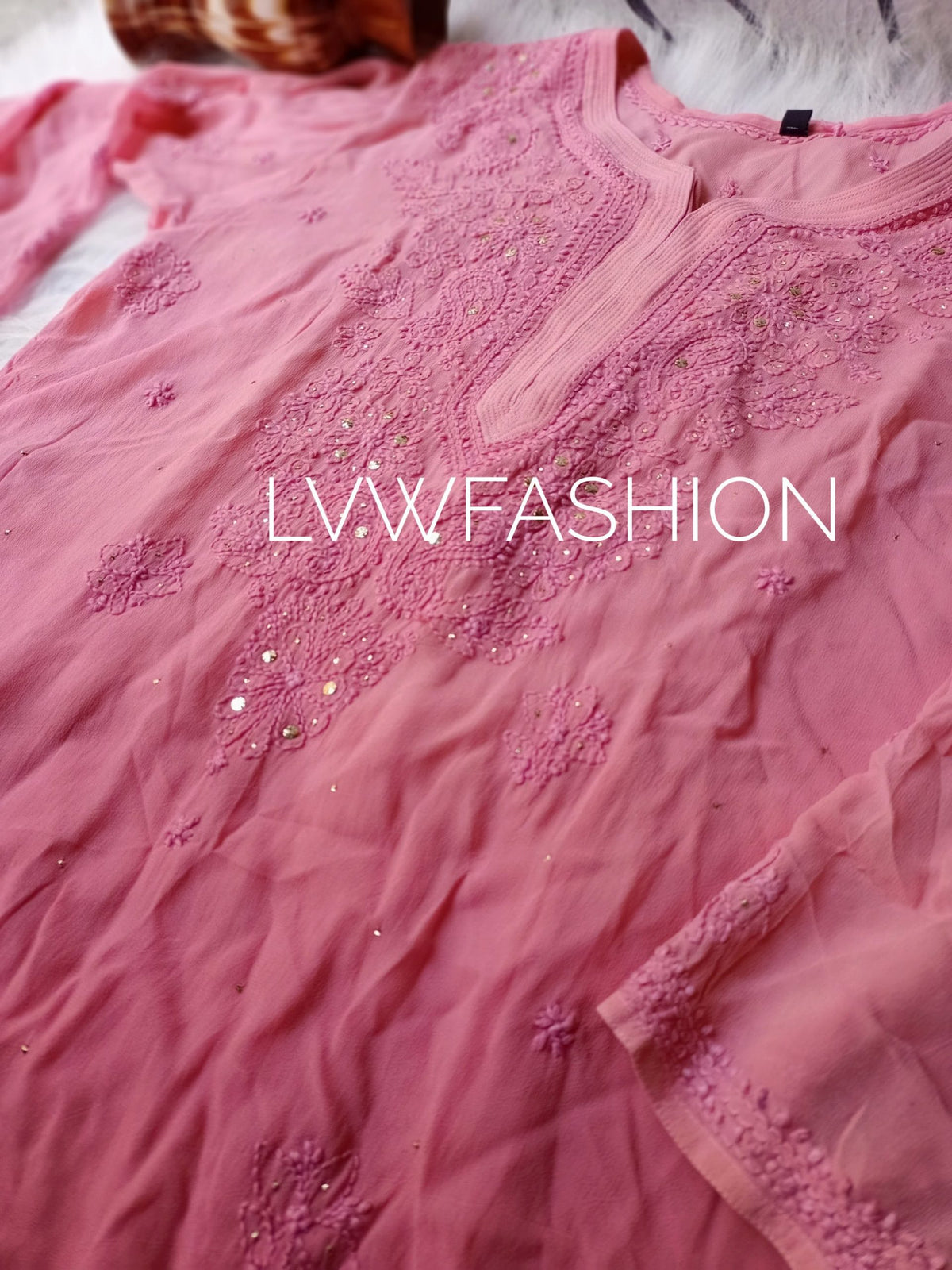 Luxurious LVW Fashion Chikankari 3-piece set with ombre dye, featuring intricate embroidery and matching inner for elegant wear.