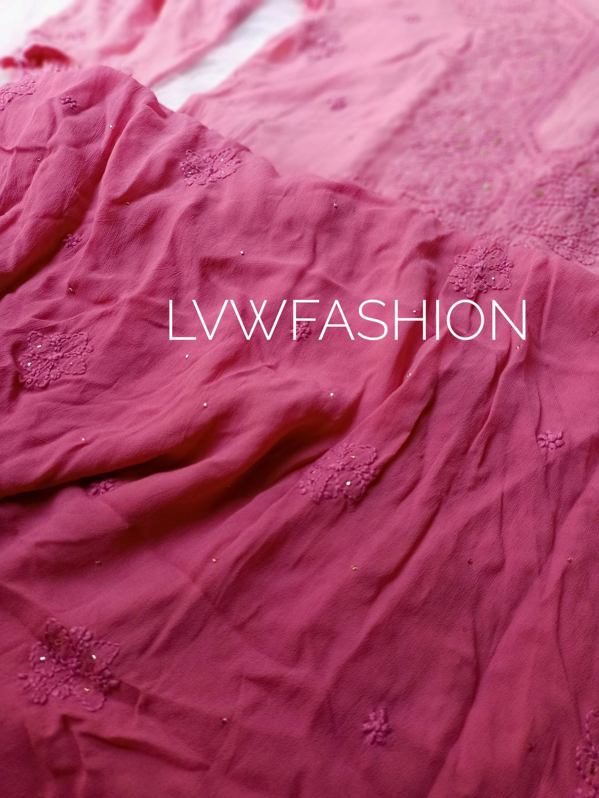 Lavender and pastel ombre dyed 3-piece set with inner from LVW Fashion Luxurious Chikankari, showcasing elegant fabric and intricate embroidery.