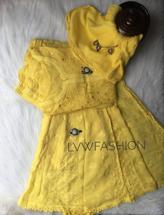 Luxury LVW Fashion Georgette 3-piece set with intricate Chikankari and Kamdani embroidery, showcasing detailed craftsmanship.