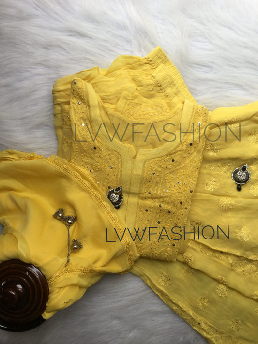 Luxurious LVW Fashion Georgette 3-piece set with intricate Chikankari and Kamdani embroidery, displayed on a flat surface.