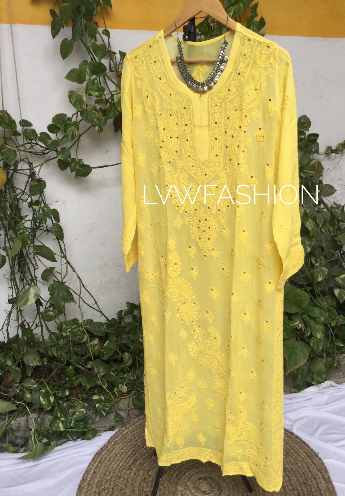 Blue premium georgette 3-piece set with intricate Chikankari and Kamdani embroidery by LVW Fashion, showcasing elegant traditional craftsmanship.