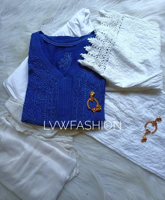 Blue and white premium georgette 3-piece set with intricate chikankari embroidery from LVW Fashion Luxurious Chikankari.