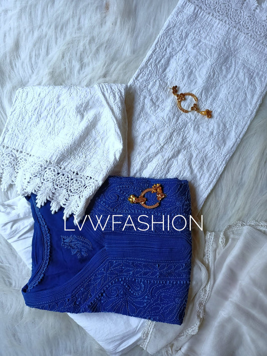 Blue and white georgette 3-piece set by LVW Fashion with intricate chikankari embroidery, luxurious and elegant for special occasions.