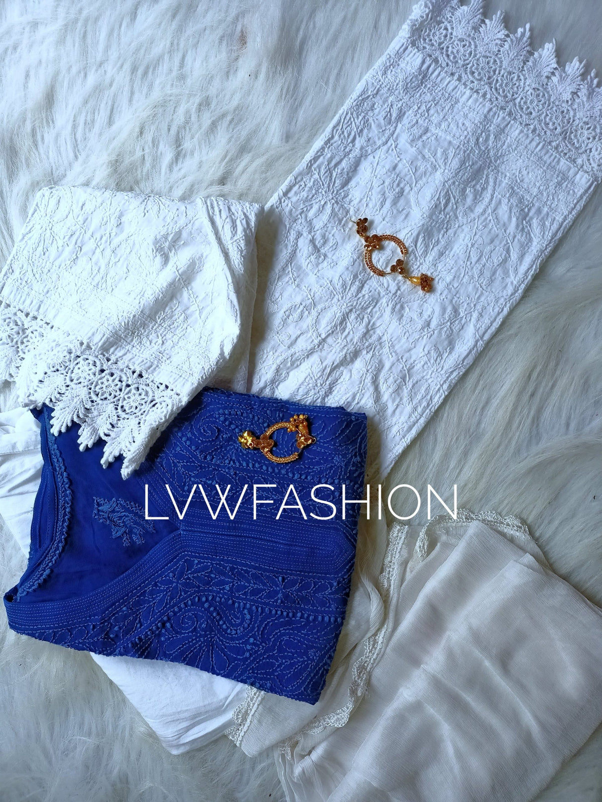 Blue and white luxury georgette 3-piece set by LVW Fashion with elegant chikankari embroidery.