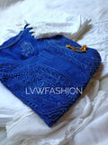 Blue and white georgette 3-piece set by LVW Fashion Luxurious Chikankari, featuring elegant traditional design.