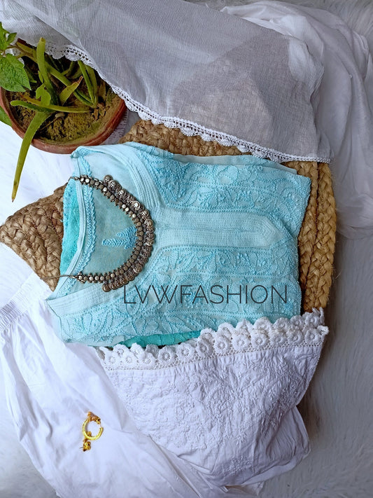 Luxurious LVW Fashion Chikankari Firozi and white premium set displayed in detailed view, showcasing intricate embroidery and elegant design.