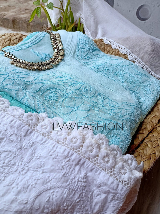Luxurious LVW Fashion Firozi and white Chikankari premium set, showcasing intricate embroidery and elegant traditional design.