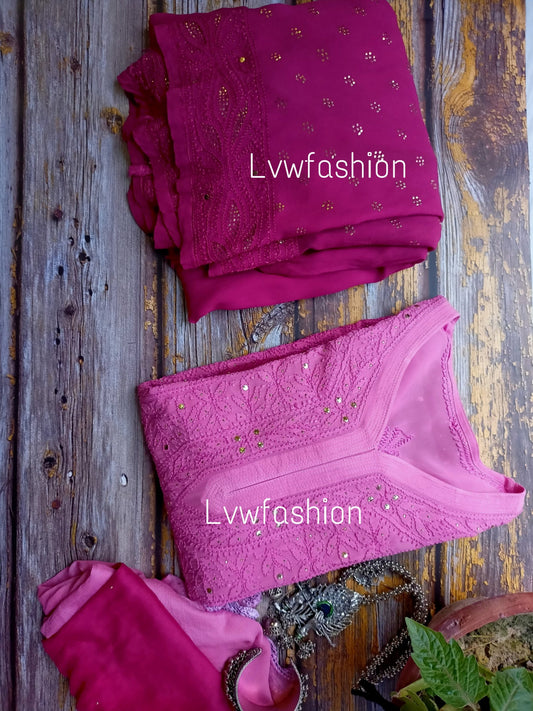French plum ombre dyed premium georgette 3-piece set by LVW Fashion featuring elegant chikankari embroidery and flowing fabric.