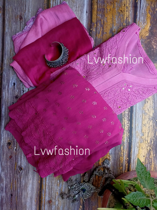 French plum ombre dyed premium georgette 3-piece set by LVW Fashion with elegant chikankari embroidery and flowing fabric details.