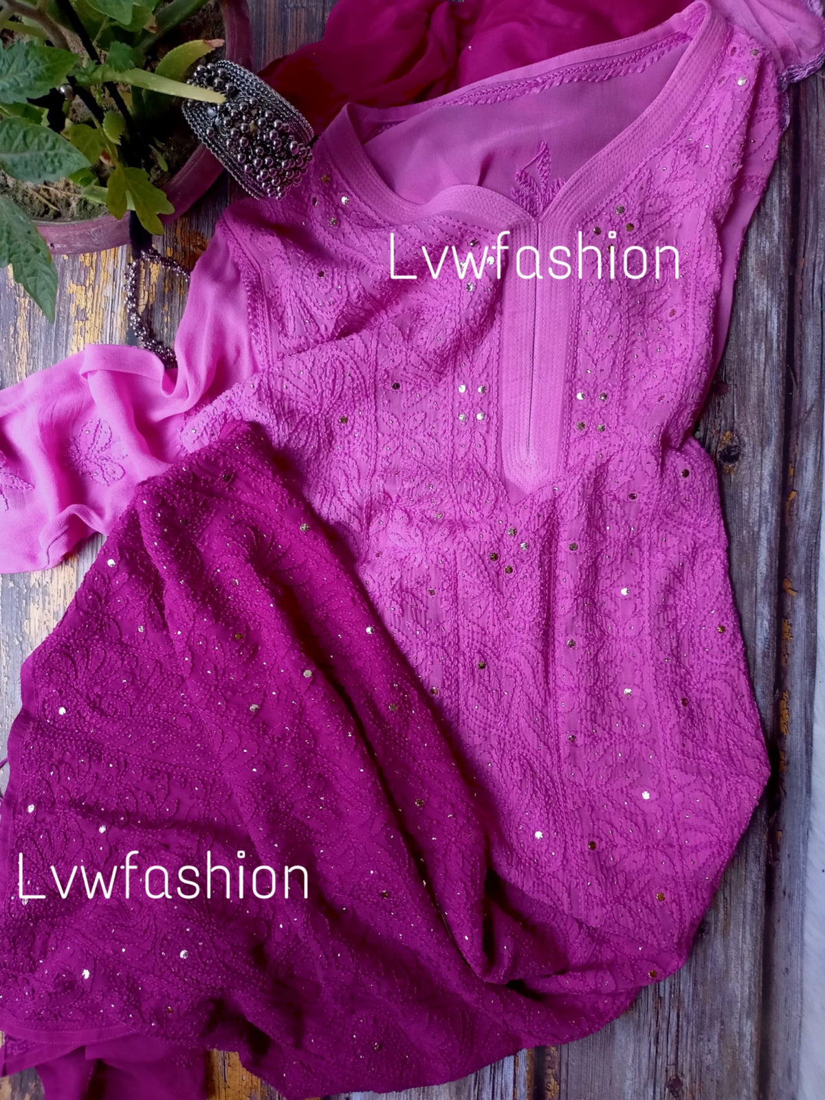 French Plum Ombre Dyed premium Georgette 3-piece set by LVW Fashion, featuring elegant fabric and intricate detailing.