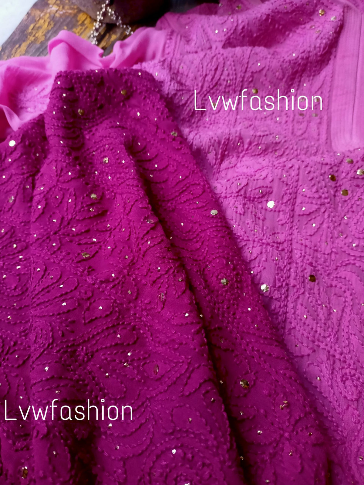 French Plum Ombre Dyed Premium Georgette 3-piece set by LVW Fashion, featuring elegant fabric and intricate detailing.