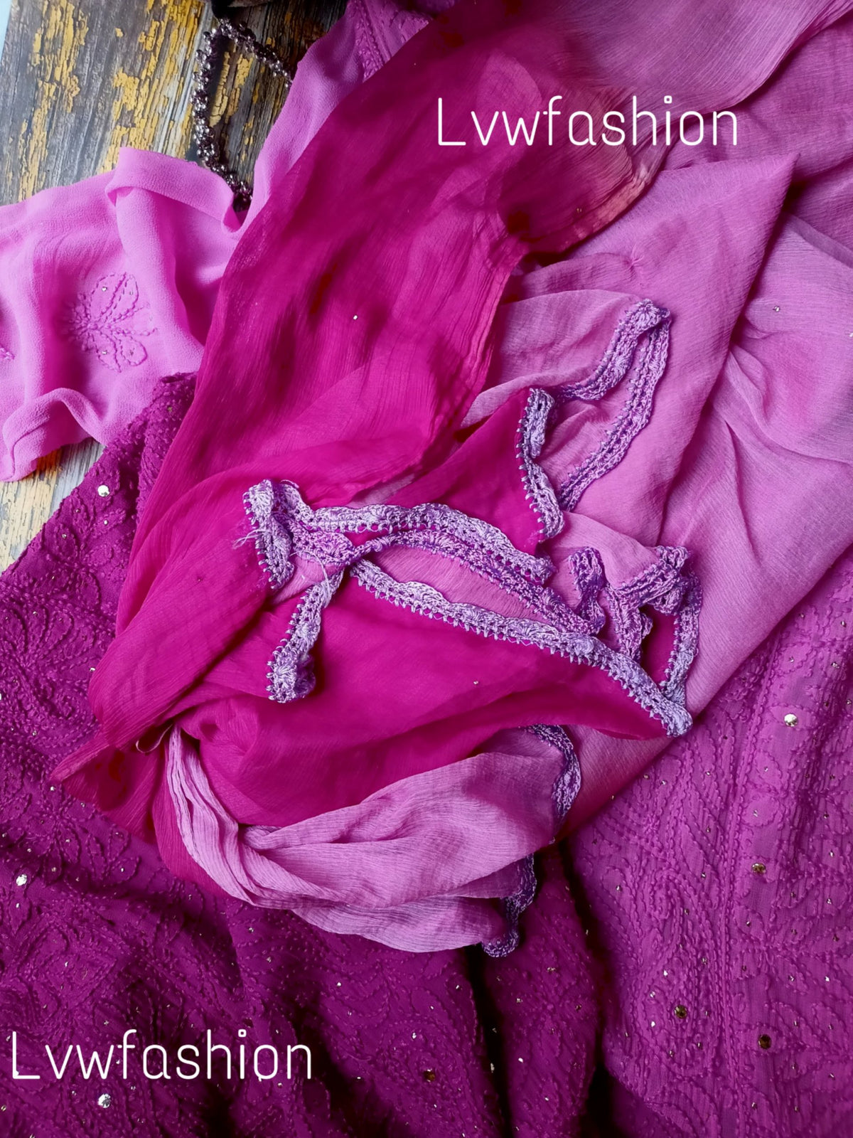 French Plum Ombre Dyed Georgette 3-piece set by LVW Fashion, featuring elegant fabric and intricate chikankari embroidery.