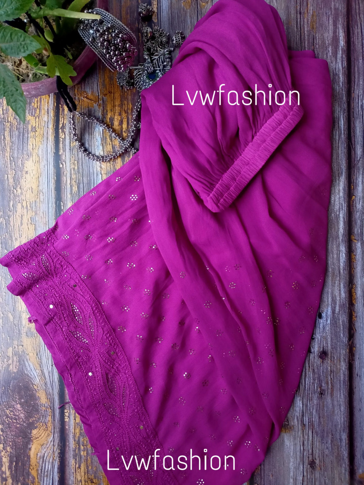 French Plum Ombre Dyed Premium Georgette 3-piece set by LVW Fashion Luxurious Chikankari, featuring elegant fabric and intricate design.