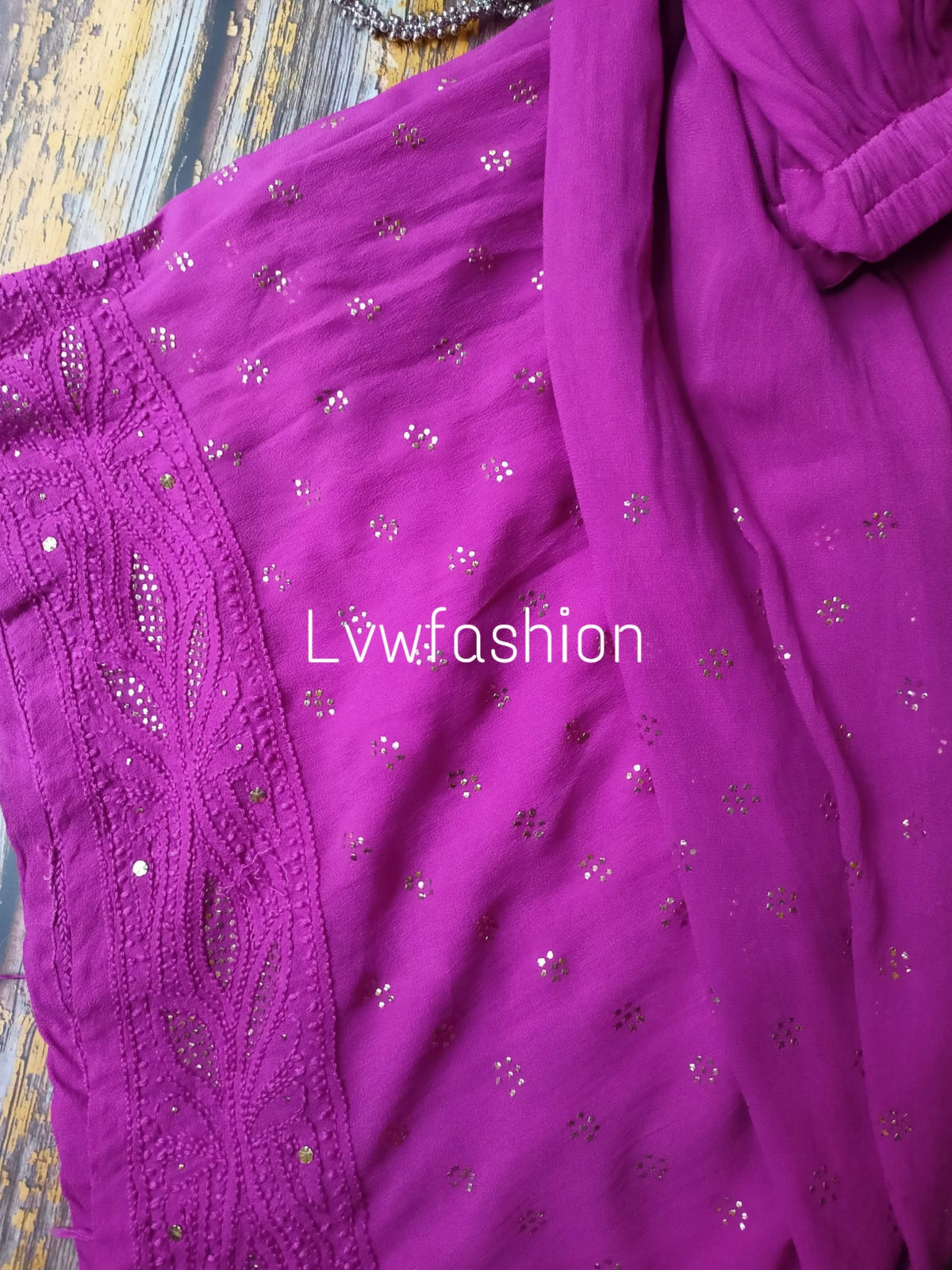 French Plum Ombre Dyed Premium Georgette 3-piece set by LVW Fashion, featuring elegant Chikankari embroidery.