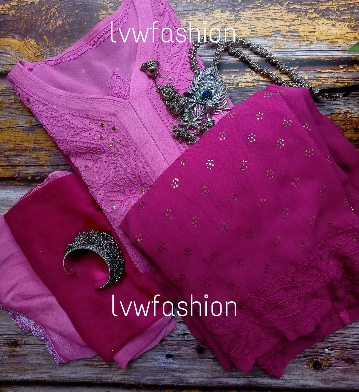 French Plum Ombre Dyed Premium Georgette 3-piece set by LVW Fashion, featuring elegant fabric and intricate chikankari embroidery.