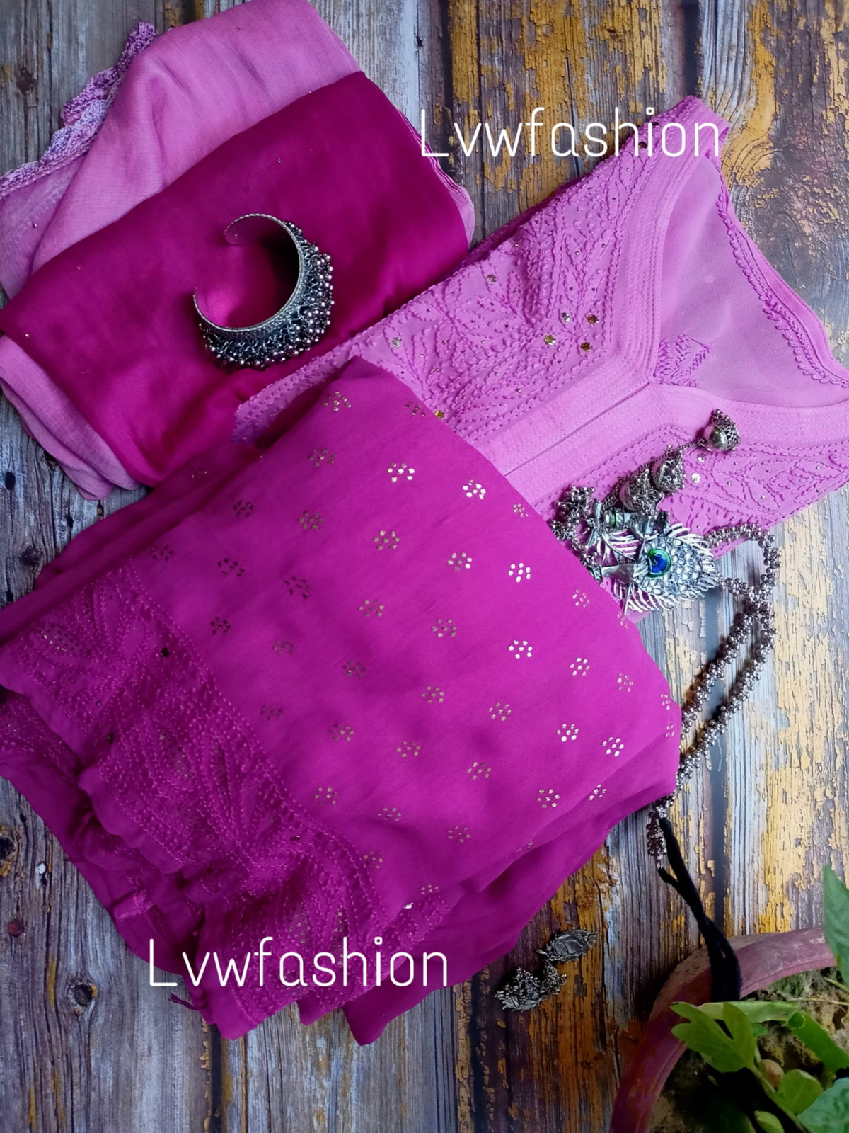 French Plum Ombre Dyed Premium Georgette 3-piece set by LVW Fashion Luxurious Chikankari, featuring elegant fabric and intricate design.