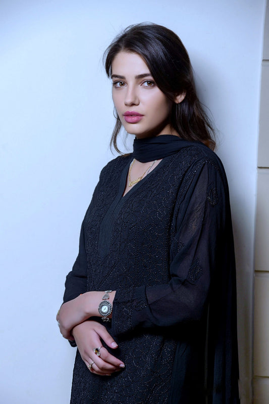 Beautiful black Resham embroidery Chikankari kurta set from LVW Fashion Luxurious Chikankari, featuring intricate hand embroidery and full set design.