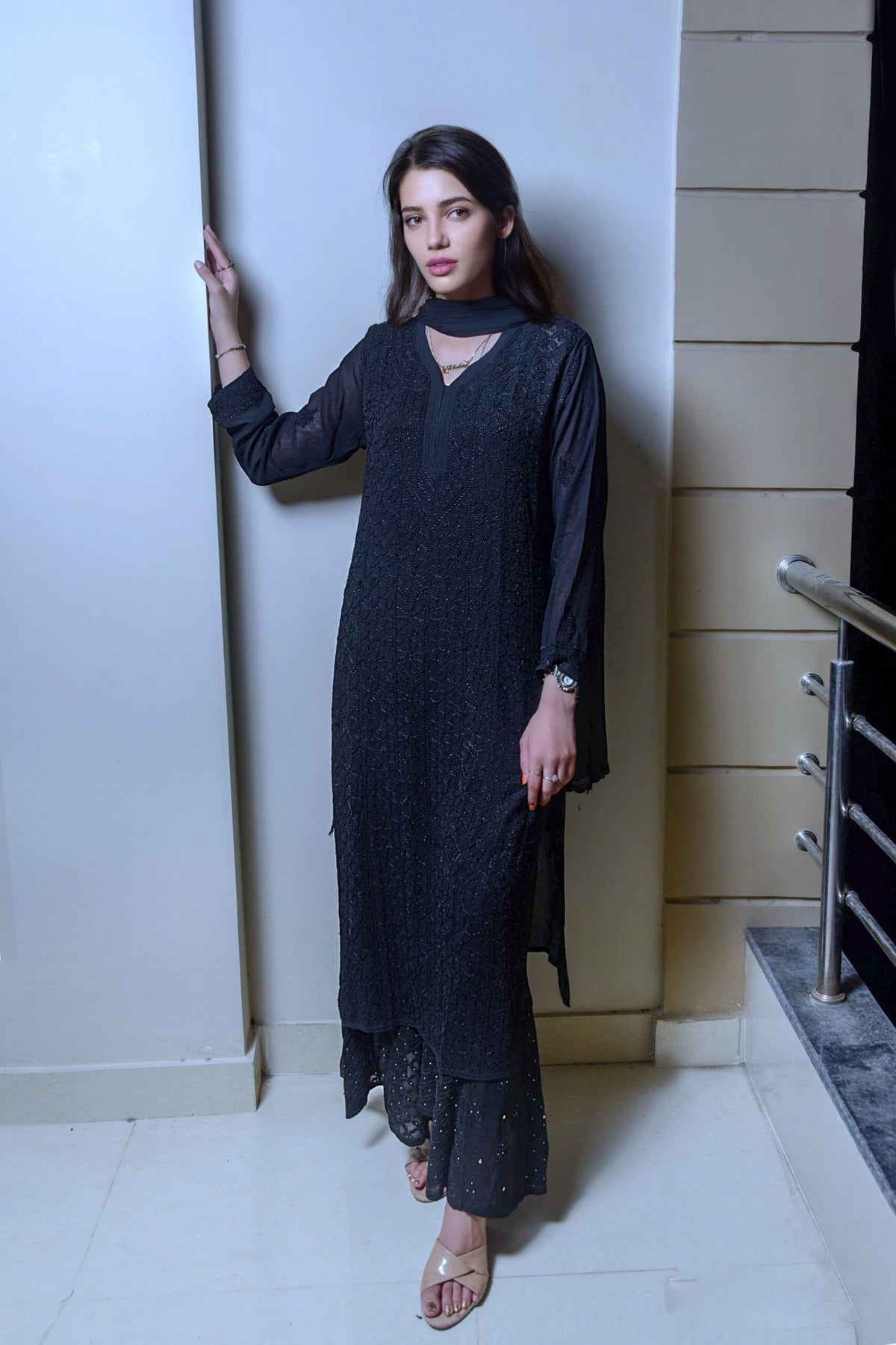 Elegant black Resham embroidery Chikankari kurta set by LVW Fashion, featuring intricate hand-stitched embroidery and traditional design.
