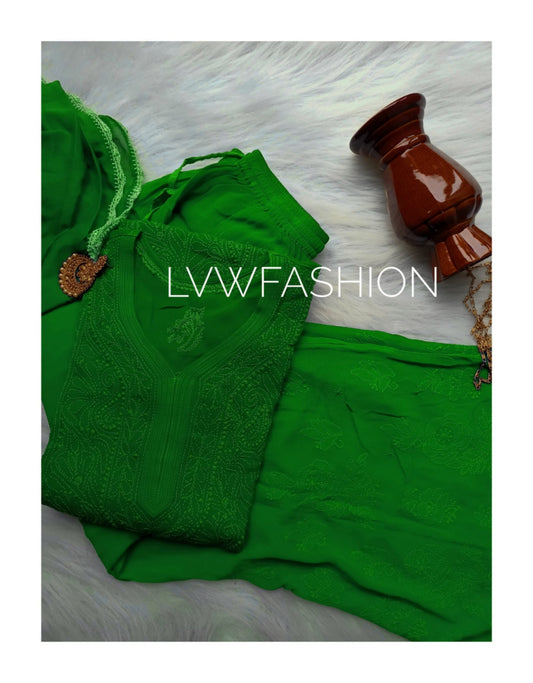Green premium georgette 3-piece plazzos set by LVW Fashion featuring elegant chikankari embroidery and stylish traditional design.