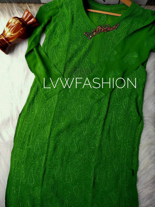 Green premium georgette 3-piece plazzos set by LVW Fashion, featuring intricate chikankari embroidery and comfortable, elegant design.