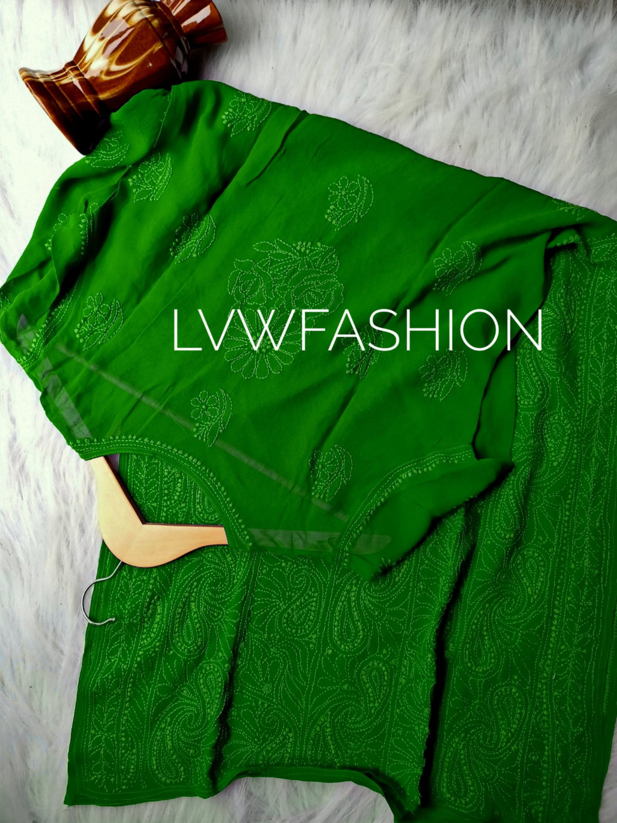 Green premium georgette 3-piece plazzos set by LVW Fashion Luxurious Chikankari, featuring traditional design and elegant fabric.